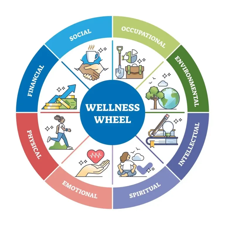 Wellness wheel image illustrating key areas of health, balance, and personal well-being